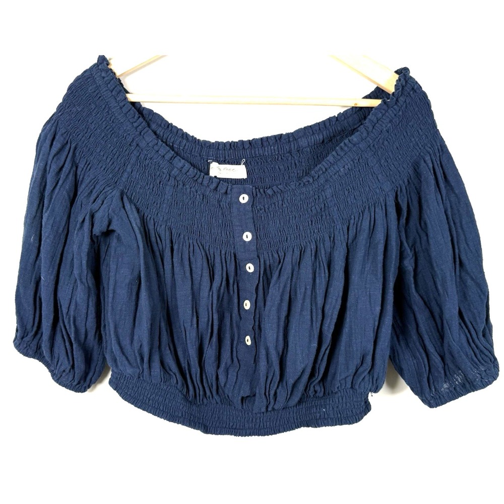Free People We The Free Dancing Till Dawn Navy Blue Smocked Crop Top Peasant M